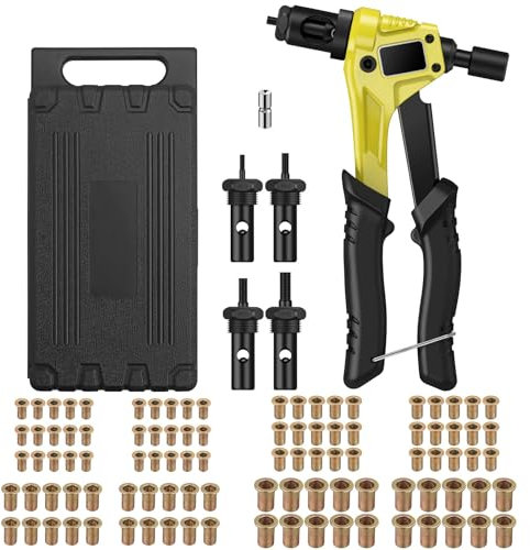 AUTOUTLET Remachadora de Tuercas, 8 Remachadora Manual, con 100PCS Tuercas de Remache, 4 Mandriles Intercambiables M3 M4 M5 M6, Llave Incorporada, Remachadora de Tuerca Profesional - Amarillo