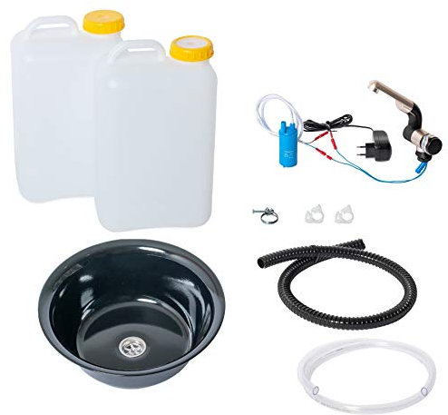 Wasseranlage Verkaufsanhänger Campingküche 230v Bausatz Spüle schwarz 32cm (320mm) + Wasserhahn Barwig Chrom Wasserkanister 19Liter Reiseküche BulliKüche T2 T3 T4 T5 T6 (ad-ideen)