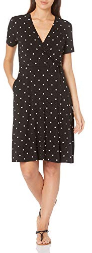 Amazon Essentials Robe Effet Cache-cœur à Manches Courtes Femme, Noir Points, XL