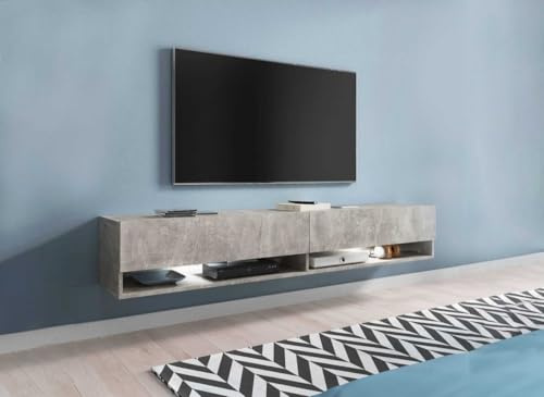 Meuble TV suspendu 2 portes 2 niches gris béton ROMANE XXL - 180 cm