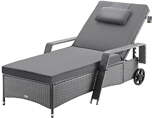 Casaria® Sonnenliege mit Rollen Extra Breit 90cm 7cm Auflage Gartenliege Wetterfest 165kg Belastbar Grau Anthrazit Balkonmöbel Verstellbar Liegestuhl Terrasse