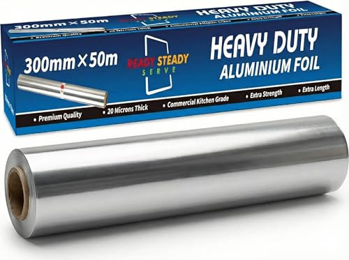 Premium Heavy Duty Aluminium Tin Foil 20 Micron | 50m x 30cm Wide Roll | Commercial Grade & Extra Thick, Strong Enough for Food Service Industry