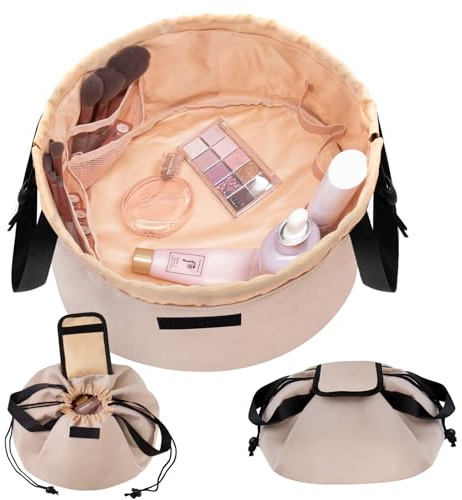Large Flat Open Makeup Bag,Lay Drawstring Cosmetic Bag Travel Toiletry Bag