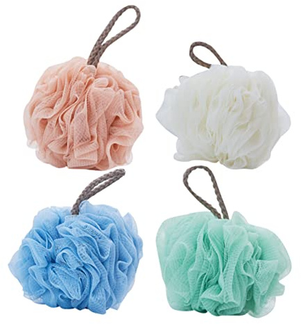 FRCOLOR 4 Esponjas de de Bola de Baño Redes de Malla, Diseño Cordón, Material Pe, Exfoliante Corporal Reutilizable para Baño Diario