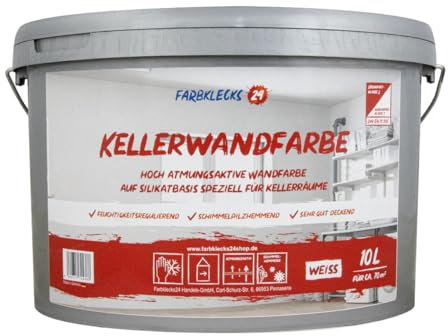 Farbklecks24 Kellerwandfarbe 10L weiß, atmungsaktive Wandfarbe, Silikatfarbe Keller, Keller Farbe