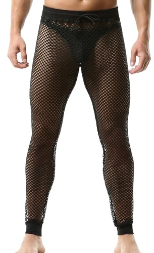 AIEOE Pantalones de malla para hombre, ropa interior de malla, pantalones de descanso transparentes, pantalones con cordón, cintura baja, ajuste muscular, pantalones largos de malla transparente,