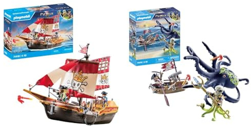 PLAYMOBIL Pirates 71418 Piratenschiff, aufregende Abenteuer auf hoher See & Pirates 71419 Kampf gegen den Riesenoktopus ab 4 Jahren