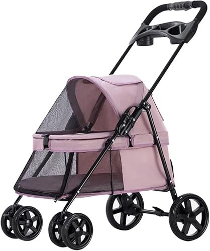 GLETSF Hundebuggys mit Getränkehalter, Haustier-Hundebuggy, atmungsaktiver Hundekinderwagen, Hundewagen, Buggy mit Regenschutz (hellgrau) (Pink)
