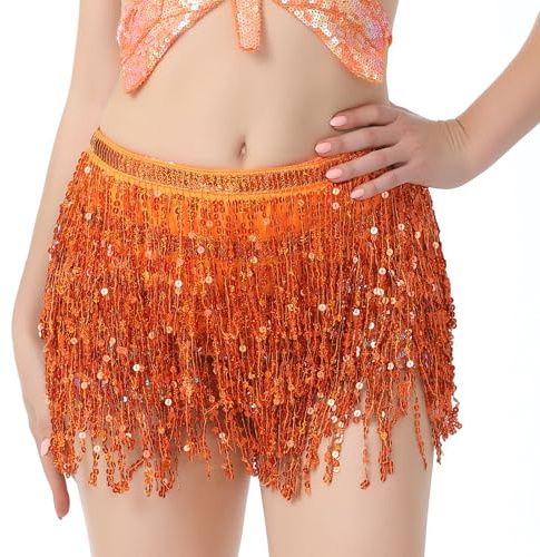Jupe à franges à paillettes pour femme et fille, jupe de danse du ventre pour femmes et filles, costume de fête de rave, A-orange., M/L