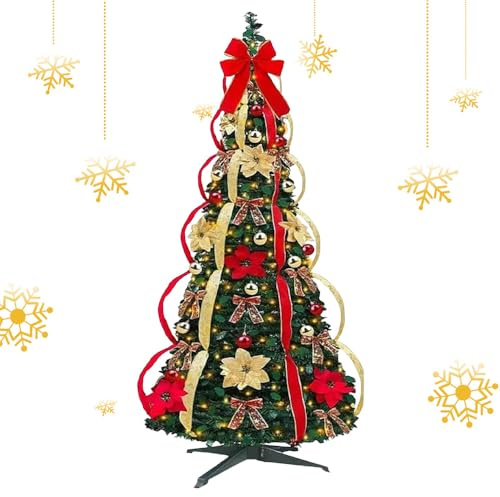 Árbol de Navidad plegable, completamente decorado con luces, árbol de Navidad artificial led, con adornos, cintas y lazos para las fiestas navideñas (1,2 m)