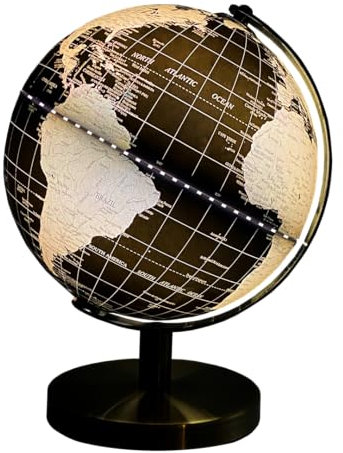 Gleneagles Lampe globe terrestre de voyage noir et doré 20 cm | LED blanc froid activé par interrupteur | Carte du monde du monde | Décoration de bureau | Gadgets lumineux pour la maison et le bureau