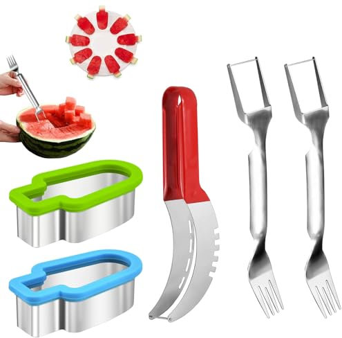 YanBous Set de verano para sandía de 5 piezas: Cortador de melón de acero inoxidable, cuchara para sandía, molde de hielo, ideal para cocina, familia, fiestas y camping