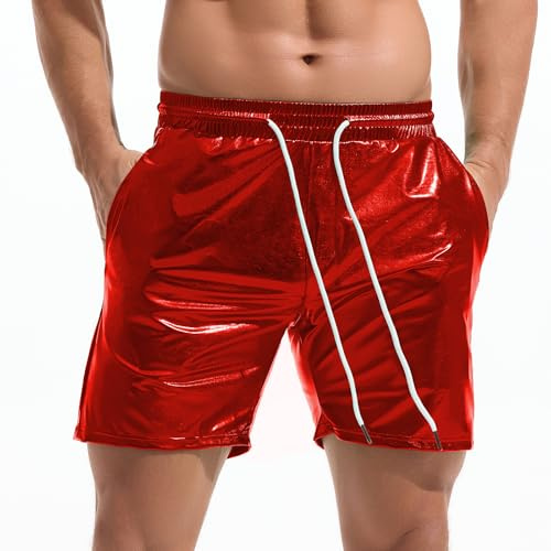 Amy Coulee Mens Metallic Shorts 5 Inch Rave Hot Pants Shiny Sparkly Shorts with Pockets (Red, L)