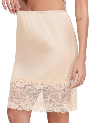 Lovasy Sottogonna Sexy Donna Corta Seta Sottogonna in Pizzo Confortevole e Antistatiche Mezza Sottoveste Gonna Morbido Raso Sottovesti con Elastico in Vita Gonne da Donna