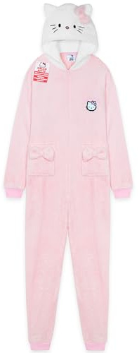 Hello Kitty Sanrio Pyjama Combinaison Femme et Ado en Polaire avec Capuche, Anime Grenouillère Douce, Idée Cadeau Femme (2XL, Rose)