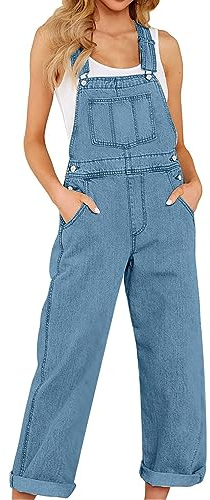Denim Jumpsuits for Women Loose Fit Denim Dungarees Long Straight Leg Overalls Jeans Pants Regular Fit Bib Overalls with Adjustable Strap Ladies Baggy Jumpsuit Cowboy Pants Trousers with Pockets