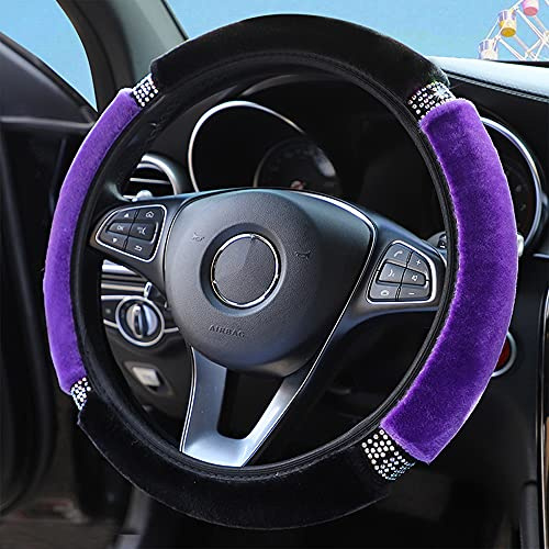 Lenkradabdeckung Plüsch, Universal Winter Lenkrad Abdeckung, Weicher Bequem Lenkradbezug, Fell Lenkradhülle mit Strass, Glitter Auto Lenkrad für Auto Zubehör, 37-38cm,Schwarz Lila