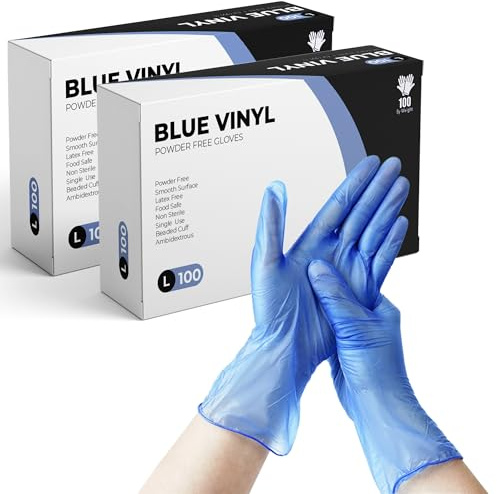 PRAIMA Disposable Gloves, Size L, Pack of 200, Blue Vinyl Gloves, Powder Free, Latex Free, Comfortable Fit, Suitable for Food Handling, Cleaning, Hairdressing & Multi-Purpose Use
