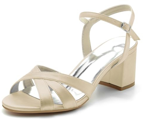 Femmes Couleur Unie Cheville Sangle Chaussures De Mariée Bout Ouvert Slingback Habillées Bout Rond Party Mariage Pompes Moyen Talon Bloc Sandales