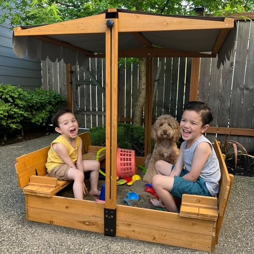 GUTINNEEN Sandbox with Lid and Cover for Kids Outdoor with 2 Foldable Bench Seats, Adjustable Canopy and Sand Protection Liner, 47.2 L x 47.2 W x 51.9 H