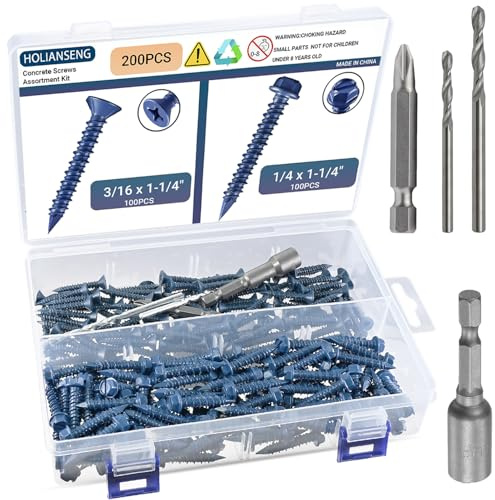 200Pcs Concrete Screw Assortment Kit – 1/4 & 3/16 Masonry Screws with Diamond Point (Flat & Hex Head), Includes Drill Bit – No Pre-Drilling Required for Brick, Block & Cement
