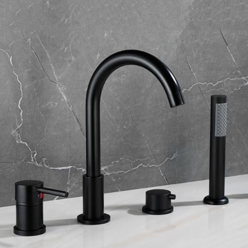 SdaryWare Rubinetto per Vasca a 4 Fori con Doccia, Miscelatore Girevole a 360°, Rubinetto per lavabo da Bagno, Finitura cromata di Lusso, Facile Installazione, Desi,Nero