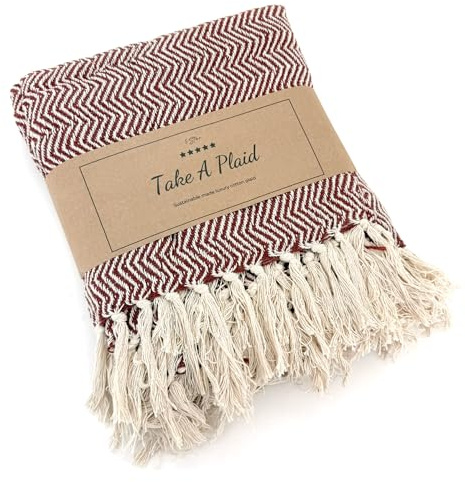 heimtexland ® Hochwertige Strick Kuscheldecke Fransen Tagesdecke Wohndecke Boho Wolldecke 100% Baumwolle Sofadecke 180x130 weich warm Strickdecke Natur Typ912 Chevron rost - 1 Stück