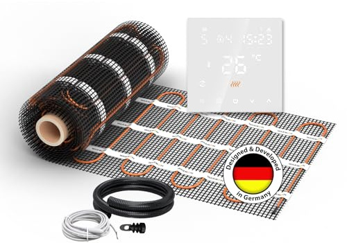 Elektrische Fußbodenheizung für Fliesen: Heizmatte WARMON CLASSIC LIGHT 100 W/m² inkl. Smart WiFi Thermostat TS 300-Serie, Thermostat:TS 300 WiFi Weiß, Mattengröße:9 m² - 2 Stk (5+4 m²)