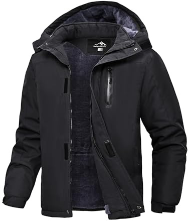 Peakwell Herren Fleece Futter Winterjacke Warme Arbeitsjacke Outdoor Wandernjacke Wasserdichte Übergangsjacke mit Mehrfachtasche, Schwarz, 3XL