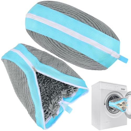 Dntorx 2 stycken skotvättpåsar, tvättmaskin 40,5 cm x 27 cm, återanvändbar skopåse, tvättpåse, skor, tvättpåse, stor med dragkedja (grå + blå)
