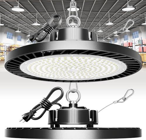 Super Bright 300W High Bay Led Shop Lights 2Pack| 5000K 45000LM UFO Led High Bay Light With 5ft Cable Hanging Hook Safe Rope| Shop Light & Garage Lighting Lights For Factory Workshop Warehouse