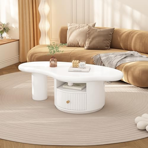 LINKHOO Table Basse, Table Basse créative, irrégulière en Forme de Nuage, avec 1 tiroir, sous-Verres en Feutre Inclus, MDF, 110 * 60 * 37.5 cm, Blanc