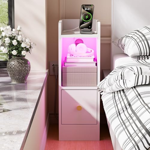 Ztexkee Comodino Stretto con Presa e striscia luminosa a LED piccolo Comodini Stretto Comodino con 1 cassetti e 1 scomparti portaoggetti per camera da letto, soggiorno Bianco