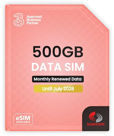 Three 500GB Data SIM Card – for Portable WiFi, Routers & Phones – Preloaded Monthly Until July 2028 – Dual Network (Three & Vodafone) Stronger Coverage
