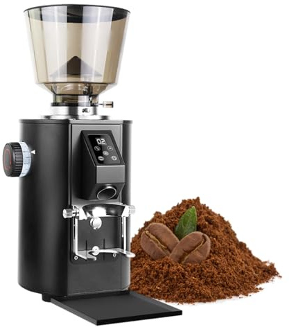 XEEAOFE Professionelle 64mm Flachburschen-Kaffeemühle mit 9 Verstellbaren Einstellungen, Kaffeebohnenmühle mit Verstellbarem Elektronischem Timer und LED-Display, Anti-statisch Black