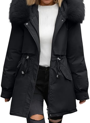 Wintermantel Damen Fellkapuze Mittellang Winterjacke Frauen Warm Gefüttert Winterparka Dicke Mantel Winter Teddyfutter Jacke Elegant Parka Outdoor Winddicht Skijacke Zipper Mit Taschen