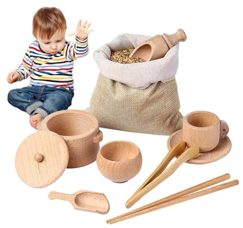 Holz Sensory Spielzeug Set 8‑teilig – Küchen‑Werkzeuge Mit Löffel & Zange | Sensorik Holzspielzeug Für Kinder | Teller‑Geschirr Tischrollenspiel