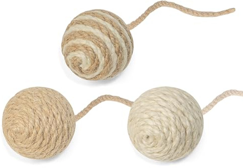 Dojomadf Cat Toy Ball with Sisal Rope Wrapping – 3 Pack Sisal Cat Toy Ball with Rope & Quiet Bell, 1.77 Natural Interactive Cat Scratching Ball for Indoor Cats (Beige, Yellow, Striped)