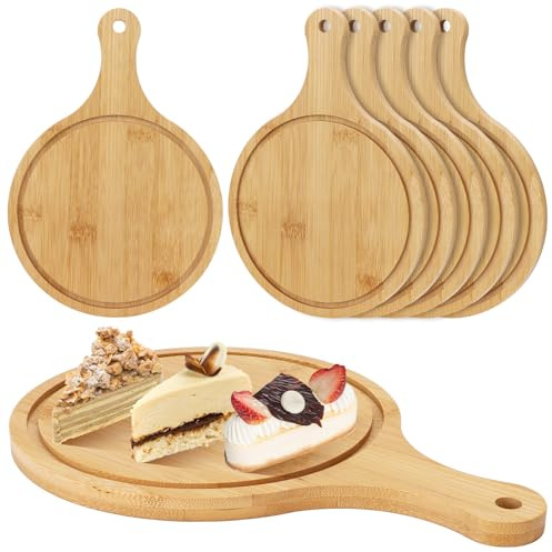 6 Pcs Round Wood Chopping Boards for Kitchen 9.65 Inch Charcuterie Cheese Board with Handle Wood Serving Plate Tray for Pizza Meat Bread Fruits Vegetables