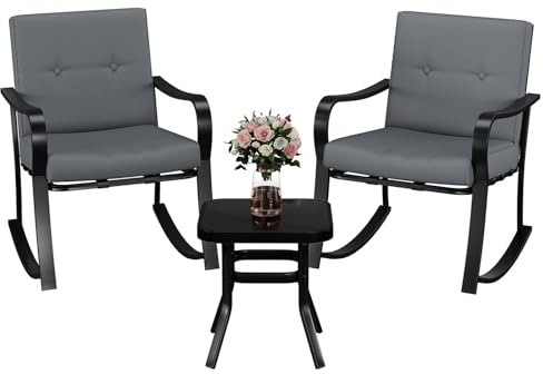 GarveeHome 3-TLG. Bistro-Set mit Schaukelstühlen und Glastisch | Glastisch, Gepolsterte Kissen, Garten, Terrasse, Balkon, Pool
