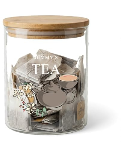 ukgiftstoreonline Personalised Glass Tea Storage Jar with Floral Teapot Design, Airtight Seal, Customised Name