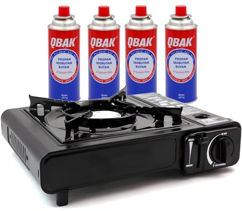 Cuisinière portable au gaz butane avec 4 cartouches, réchaud de camping 2,2 kW avec allumage piézoélectrique, réchaud à gaz pour camping, pique-nique, voyage et urgences