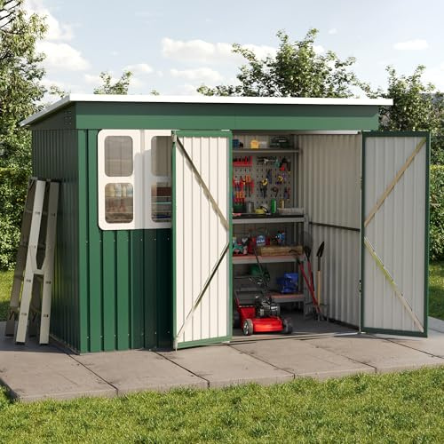 Amopatio Metall Gerätehaus 260x176cm, Gartenhaus aus verzinktem Stahl, abschließbarer Geräteschuppen mit Fenster & Lüftung, Fahrradschuppen ohne Boden, wetterfest für Garten & Terrasse, Grün
