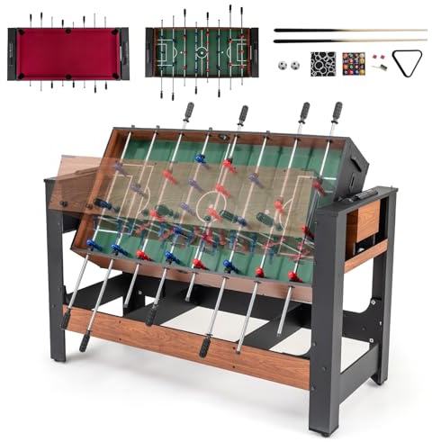 Maxmass 54’’ Multi Game Table, 2 in 1 Football Pool Combo Table with 2 Soccer Balls, 26 Players, 2 Cue Sticks, 1 Pool Ball Triangle, 1 Box of Billiard Balls, Sports Tables for Arcade Family Gathering
