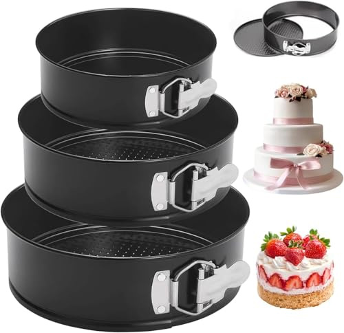 DIBUEUPP Set di 3 stampi a forma di molla, stampo per torte, rotondo, 12/18/22 cm, set di stampi da forno rotondo, fondo rimovibile regolabile, rivestimento antiaderente, utensili da forno, per torte