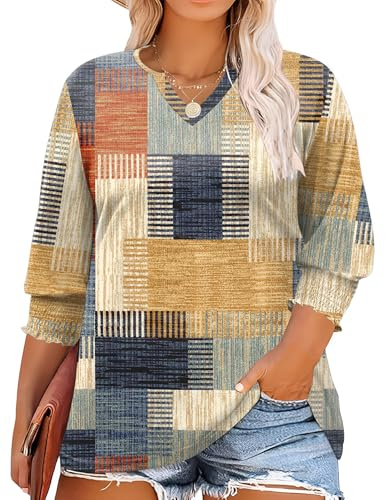 Rapbin Women's Plus Size Blouse 3/4 Sleeves V Neck Shirt Elegant Tunic Tops | Ladies Loose Casual Summer Tops for Womens Floral Oversized Shirts XL-5XL