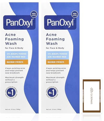 Skincare Set: PanOxil Foaming Wash 5.5 oz 2-Pack + LUXPAKS Wipe | PanOxil, Foaming Wash, Face Cleanser, Body Cleanser, 5.5 oz, 2-Pack, Fragrance-Free, LUXPAKS Wipe