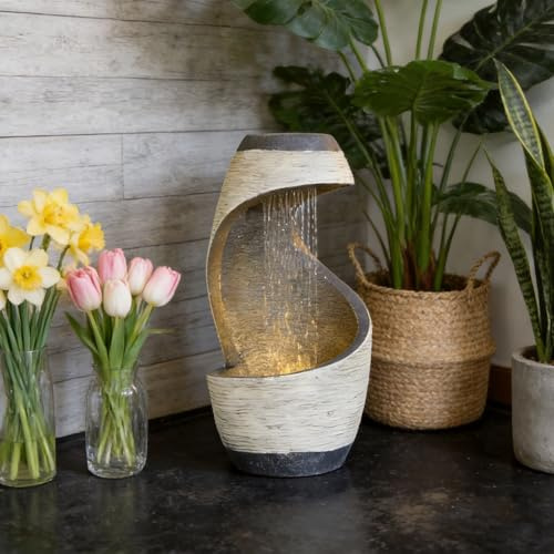 Sunlinua S-förmiger Zimmerbrunnen Wasserfall mit LED-Beleuchtung – moderner Springbrunnen mit elektrischem Regen-Wasserfall, für Wohnzimmer, Büro, Balkon und Garten, 50 × 26 × 26 cm | Weiß