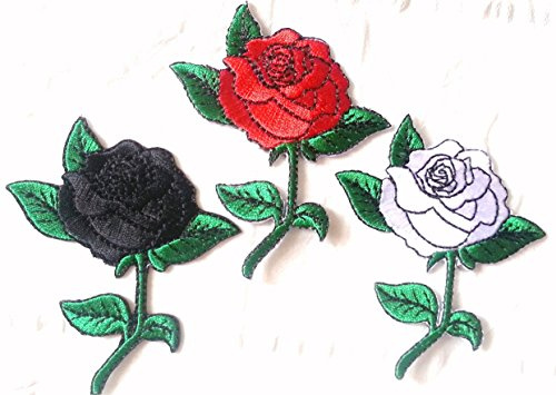 Blumen Aufnäher Patches Bügelbilder Set drei Rosen - schwarz rot und silber 
