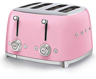Smeg, Toast 4x4 TSF03PKEU, 4 Fächer für 4 Scheiben, 6 Stufen vergoldet, Heizfunktion, Abtau- und Bagel- Funktion, 2 Krümelbehälter, 2000W, Pink